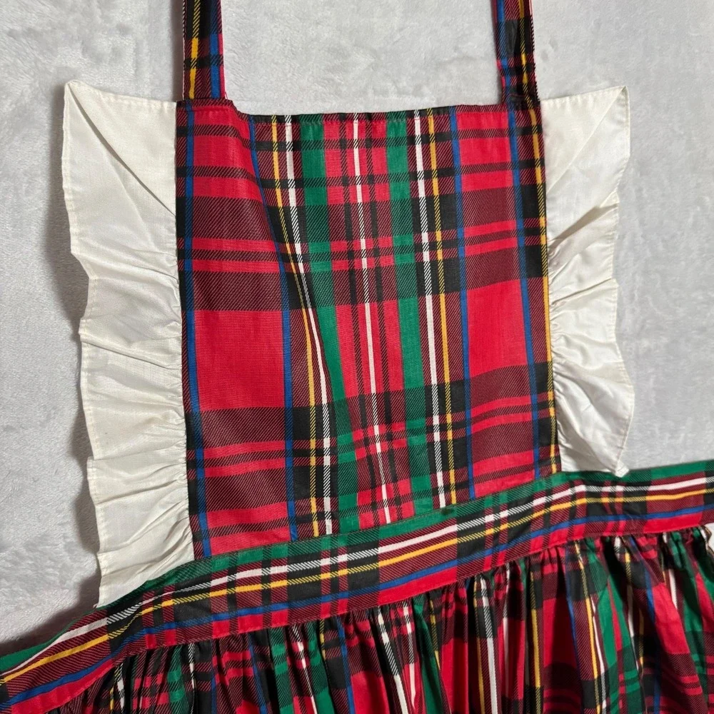 Vintage 70s Plaid Pinafore Apron Dress Ruffle Bib‎ Tie Back Lady One Size USA